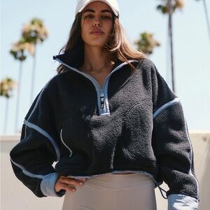 Free People Movement Black Fleece Half-Zip Jacket with Light Blue Trim